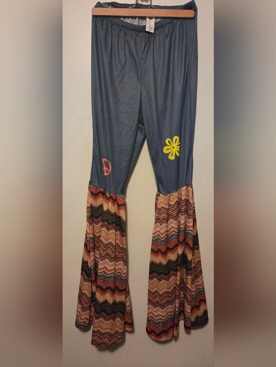 Pants - Boho Chevron Bell Bottom Pants with Flower & Peace Detail - Blue, Yellow, Coral